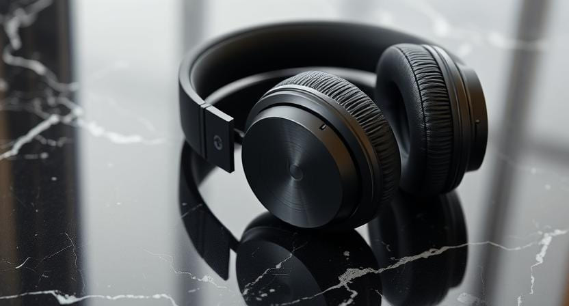A high-quality close-up of Beats headphones, placed on a sleek black marble surface with soft lighting and reflections.