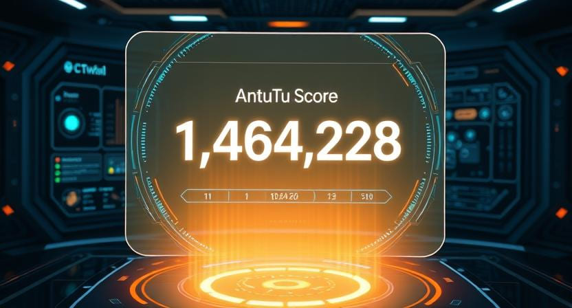A digital display shows an AntuTu score of 1,464,228, set against a high-tech, futuristic interface background.