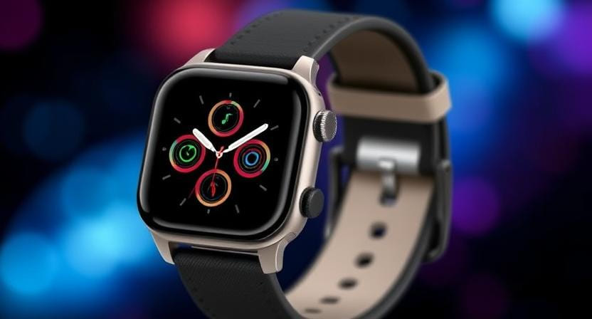 A sleek smartwatch with a colorful app interface, featuring circular icons on a black background and a stylish black strap.